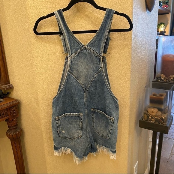 SUPERDRY Blue Frayed Hem Lace Trim Jean Short Overalls Size 4 - Picture 6 of 9